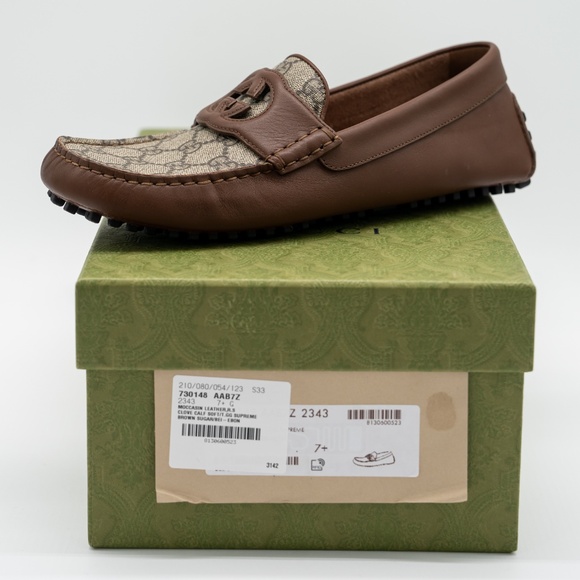 7.5G 8 US Gucci Interlocking G Leather Moccasin Driver Brown Loafers Leather main image 9